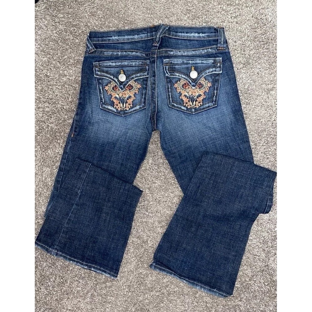 Y2K Plastic By Gly Low Rise‎ Women's Jr. 7 Boot Cut Distressed Embroidered Jeans